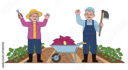 Elderly farmers celebrating a successful harvest of sweet potatoes with a wheelbarrow full of produce.