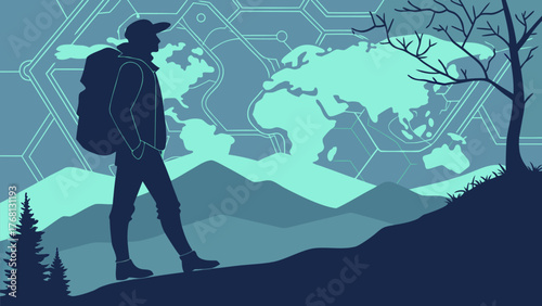 Silhouette of a traveler with backpack walking in nature with a world map and mountains in the background