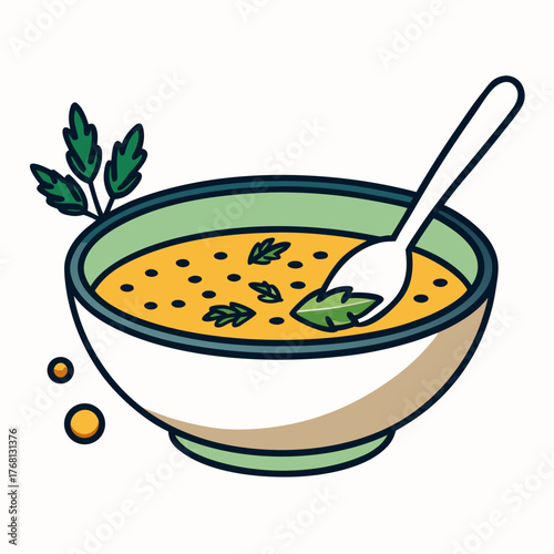 A Bowl of Dal Soup with a Spoon and Herbs