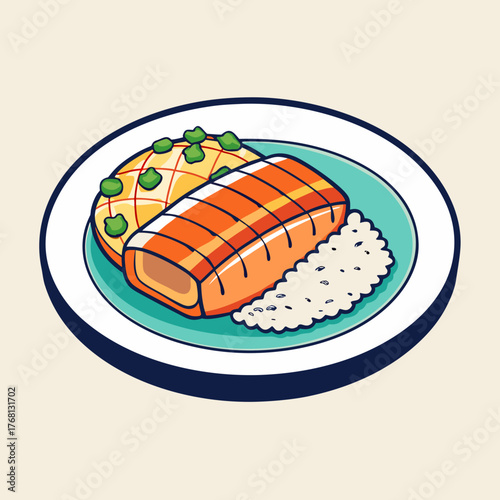 A plate of tonkatsu cutlet with rice in a minimal style