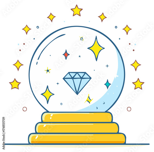 Enchanting Crystal Ball with a Gleaming Diamond inside, surrounded by sparkling stars and a golden tiered pedestal.