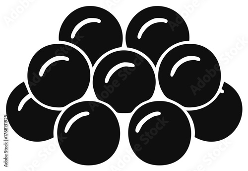 Cluster of black pearls or dark spheres with highlights in a stacked arrangement.