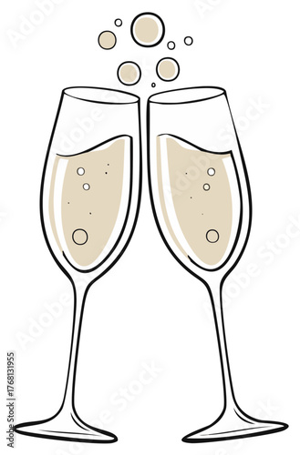 Celebratory illustration of two champagne glasses toasting with sparkling wine bubbles