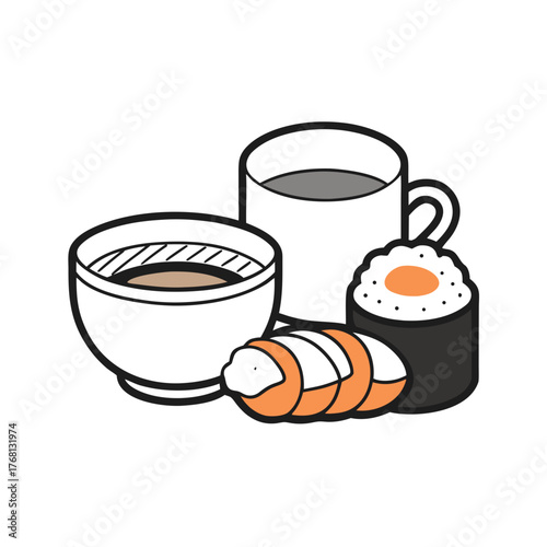 Illustration of sushi and cup of tea on white background