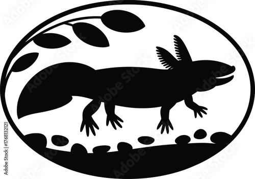 Axolotl silhouette with rocks and leaf in an oval shape