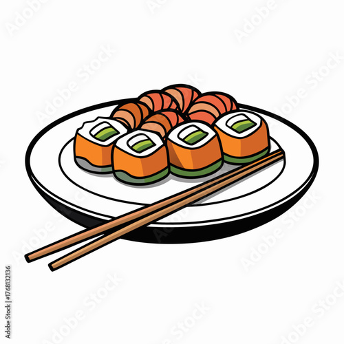 Plate of Sushi with Chopsticks in a Simple Illustration