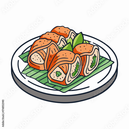 Plate of sushi handrolls with green garnish on display