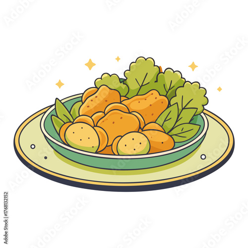 Plate of tempura vegetables on a green plate in daylight