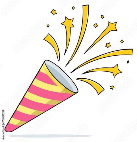 Cartoon popper with star bursts, a party celebration graphic element.