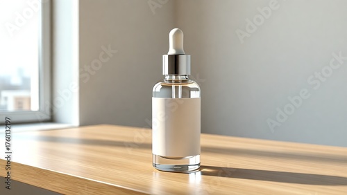 Glass Dropper Bottle Mockup with Blank Label on Wooden Table