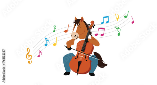 Cartoon horse playing a cello surrounded by colorful musical notes on a white background.
