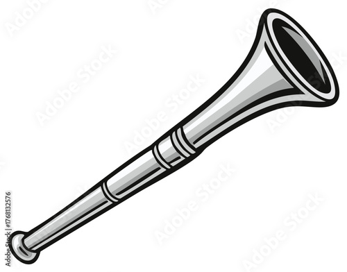 Cartoon illustration of a shiny silver bugle horn musical instrument