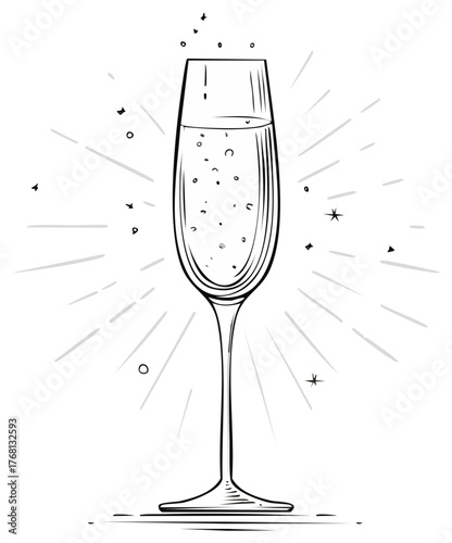Elegant hand drawn champagne flute with bubbles and celebratory sparkle