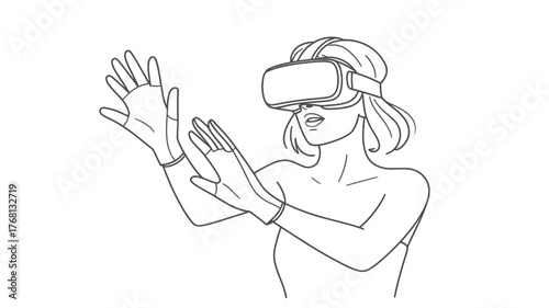 Enter the metaverse with this modern line art of a woman exploring virtual reality with a headset and gesturing with her hands, a glimpse into future tech