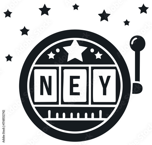 Stylized slot machine displaying NEY letters with lever and scattered stars gaming icon illustration.