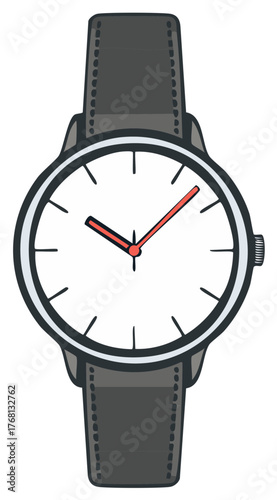 Classic wristwatch illustration with black leather strap and red hands for time