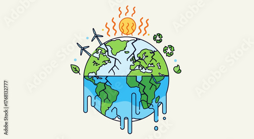 An illustration of Earth showing the effects of climate change, with a hot sun, melting ice, and symbols of pollution and renewable energy.