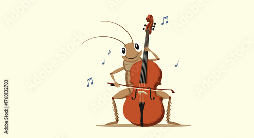 A cartoon grasshopper plays the cello with musical notes floating around it.