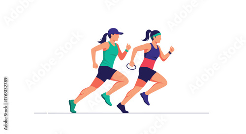 Two women in athletic wear are running side-by-side in a race or for fitness.