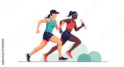 Two diverse female athletes running together in a race, one wearing a cap and tank top, the other a headband and sports bra.