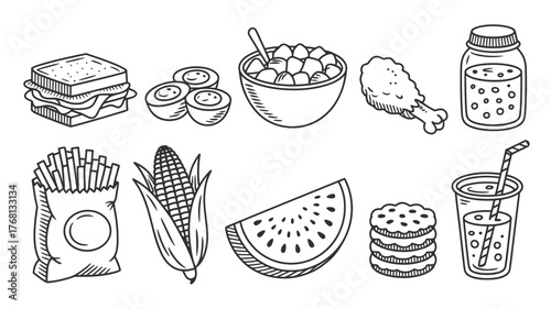 Craving comfort food? This doodle-style food collection sparks joy and satisfies hunger, perfect for menus, recipes, and fun food-themed designs!