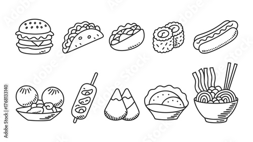 Delicious doodle food collection featuring a burger, taco, hotdog, sushi, dumpling, noodle bowl, and more for fun food-themed designs and illustrations