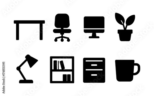 Set of black office furniture and workspace icons including desk, chair, monitor, plant, lamp, bookshelf, file cabinet, and coffee mug. Flat icon style