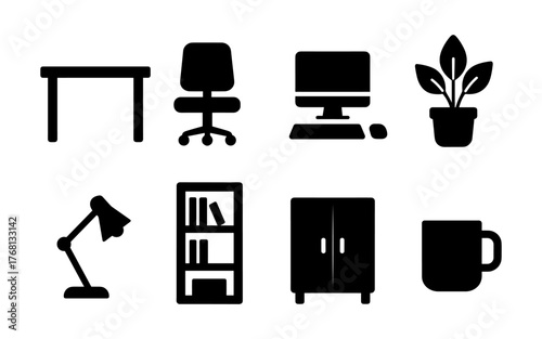 Set of black office furniture and workspace icons including desk, chair, monitor, plant, lamp, bookshelf, file cabinet, and coffee mug. Flat icon style