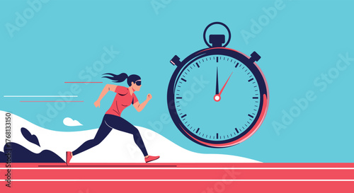 A stylized illustration of a female runner in motion next to a large stopwatch on a blue background.