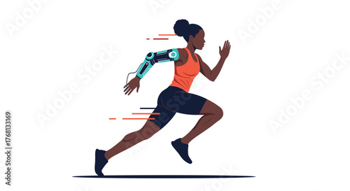 A Black woman with a prosthetic arm races forward with speed lines behind her.
