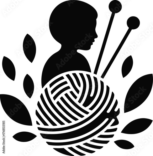 Child with yarn and needles surrounded by leaves silhouette