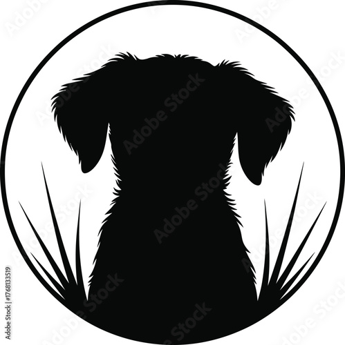 Fluffy dog standing in grass rear view silhouette