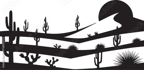Silhouette of desert landscape with cacti and dunes
