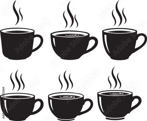 Six steaming coffee cups in black silhouette mugs