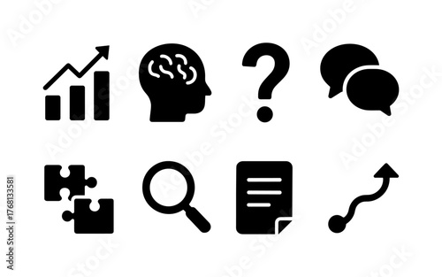 Set of black analytical thinking and problem-solving icons including chart, brain, question mark, speech bubbles, puzzle, magnifying glass, notebook, and growth path. Flat icon style