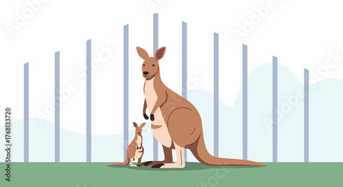 A mother kangaroo and her joey stand together on a grassy field with a soft blue background and pale gray poles.