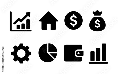 Set of black finance and investment icons including chart, home, dollar, money bag, wallet, gear, and pie chart. Flat icon style