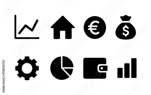 Set of black finance and investment icons including chart, home, dollar, money bag, wallet, gear, and pie chart. Flat icon style