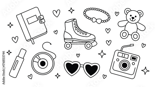Adorable retro aesthetic with roller skate, heart sunglasses, and cute teddy bear evokes joyful nostalgia, perfect for vintage-inspired designs or playful themes