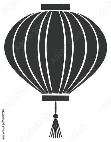Classic Asian paper lantern icon with tassel. Black and white vector silhouette for festive decoration.