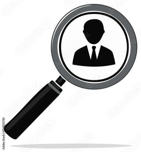 Magnifying Glass Focuses on Business Person Icon for Search and Recruitment