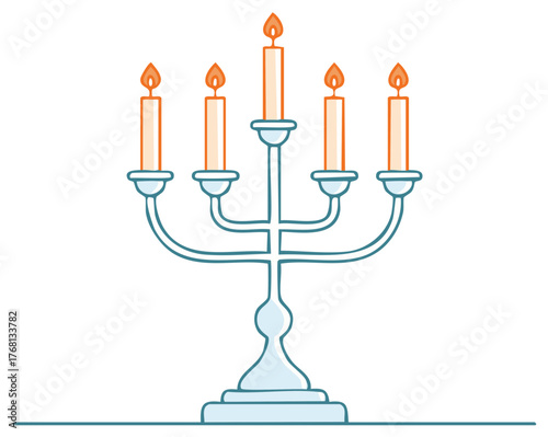 Elegant five-light candelabra illustration with glowing orange flames and light blue details