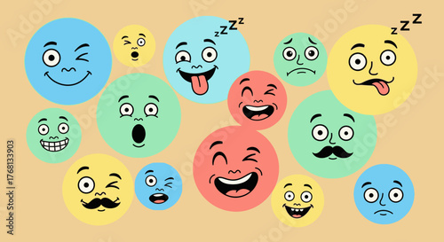 Cartoonish emotions bubble characters in pastel hues expressing a wide range of playful facial