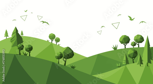 Abstract polygonal landscape with trees, hills, and flying birds creating a serene and minimalist