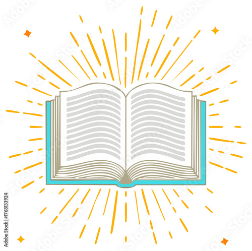 Open book with radiating sunburst lines and twinkling stars knowledge inspiration discovery