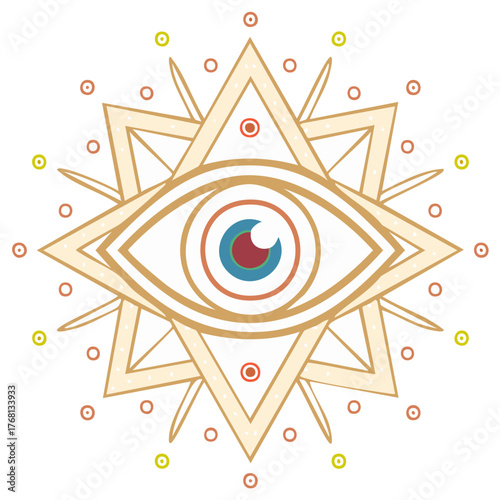 Mystical All Seeing Eye in a Hand Drawn Geometric Star Symbol