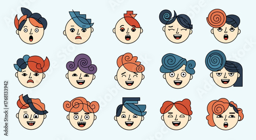 Diverse stylized cartoon faces showcasing various expressions and unique hairstyle designs
