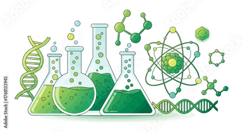 Science illustration depicting molecular structures, dna and flasks, showcasing experiments and