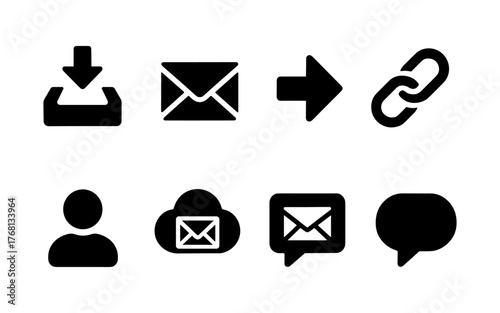 Set of black communication and file sharing icons including inbox, email, link, user, cloud, document, and chat. Flat icon style