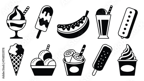 Sweeten your designs with this delightful dessert collection featuring ice cream cones, sundaes, popsicles, and a fun banana split for a playful summer vibe